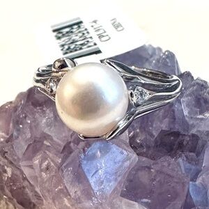 White Cultured Freshwater Pearl & White Zircon Rhodium Over Sterling Silver Ring